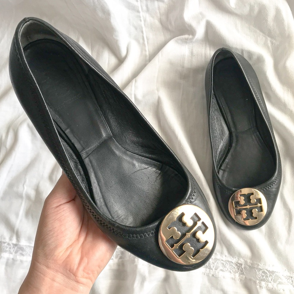 Tory Burch Reva Flats Black Ballet Gold Logo Flats